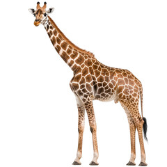 Naklejka premium tall giraffe with distinctive spots stands gracefully against transparency background, showcasing its long neck and unique patterns. This majestic animal embodies beauty of wildlife