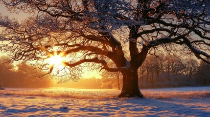 A tree with branches coated in ice, glistening in the winter sunlight.