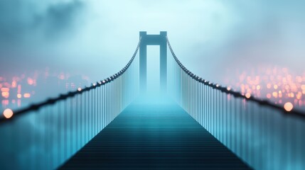 Fototapeta premium Bridge Spanning a Gap: A modern suspension bridge with city lights in the background, representing urban development, infrastructure, and connectivity.