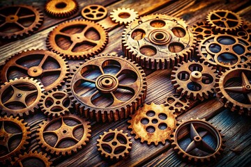 Obraz premium Rustic Wooden Gears Network: Abstract Digital Technology Background