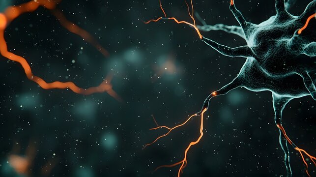 The image shows a microscopic view of a neuron with glowing orange tendrils connecting to it, set against a dark background sprinkled with light particles.