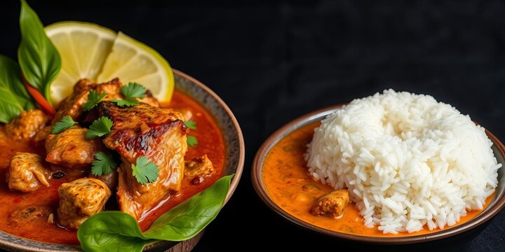 Panang curry with pork and rice on dark background, savory, Asian