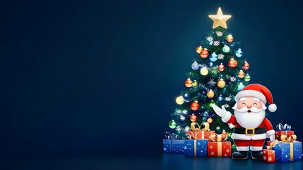 3D Santa Claus Presents Christmas Tree with Colorful Ornaments and Gifts on Dark Blue Background.