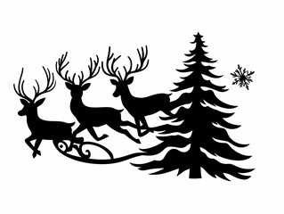 Three Majestic Deer Leap Gracefully Past a Pine Tree in a Winter Wonderland Scene