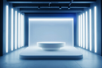 Futuristic showroom with glowing neon lights illuminating white round podium, perfect for product placement