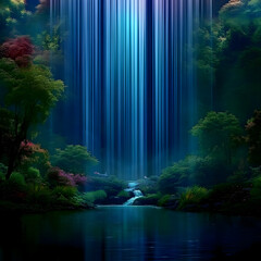 Enchanted Waterfall Cascades into a Serene Pond Amidst Lush Greenery at Night