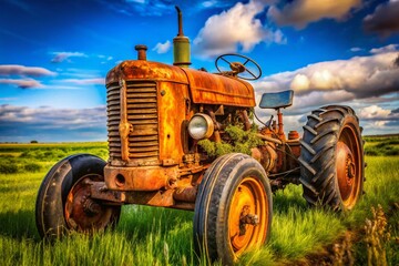 Obraz premium Rusty Farm Tractor, Vintage Agricultural Machinery, Deep Depth of Field, High-Resolution Stock Photo