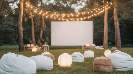Outdoor Cinema Night: A magical outdoor movie night setup under the trees, featuring a large projection screen, cozy beanbag chairs, string lights.