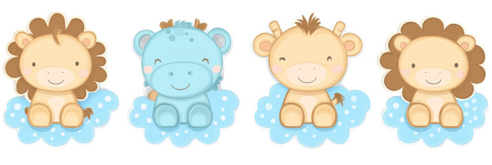 Obraz premium Cute cartoon animals sitting on clouds, featuring lion, hippo, and giraffe. Perfect for children decor or playful designs