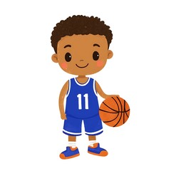 Adorable Cartoon Illustration of a Young African American Boy in a Basketball Uniform Holding a Basketball.
