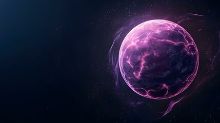 Fototapeta premium The image contains a stylized rendering of a planet or celestial body in deep space. It's a glowing orb with intricate, linear patterns on its surface, enveloped in a swirling nebula of purple and p