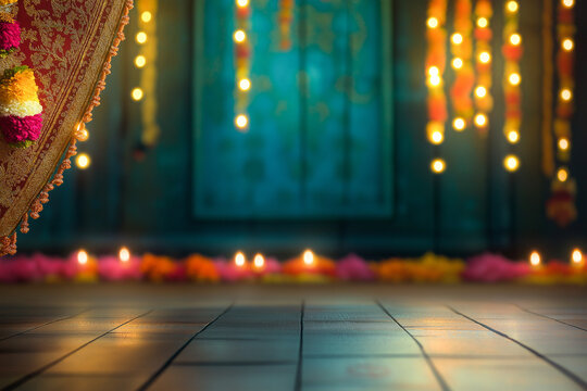 Empty wooden table illuminated by candles and decorative lights, perfect for displaying products during diwali or onam celebrations