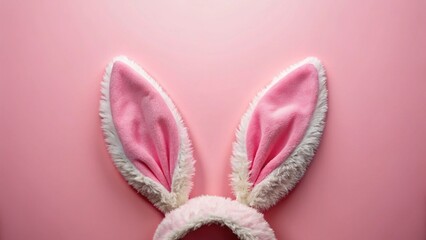 Funny Easter Bunny Ears, Pastel Pink Background, Top View, Spring Holiday