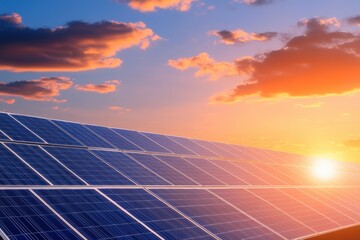 solar panels at sunset with colorful clouds