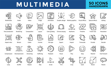 Multimedia icons set with multimedia, audio, video, image, animation, graphic design, motion graphics, visual effects, special effects, editing icon. Simple handdrawn vector 
