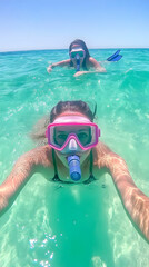 Naklejka premium Two Women Snorkel in Turquoise Ocean Waters on a Sunny Day Capturing Underwater Adventures.