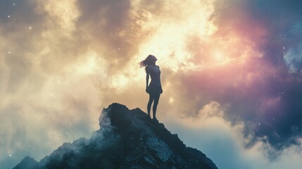 Fototapeta premium Woman celebrating on a mountain looking up to the sky. Letting go of all your mental fears. Hope, mental strength concept.