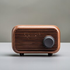 retro-style wooden bluetooth speaker on a gray background