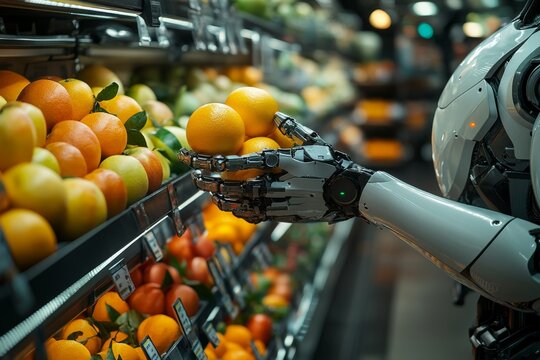 "Futuristic Robot Sorting Fresh Fruits with Multple Arms in a High-Tech Setting"