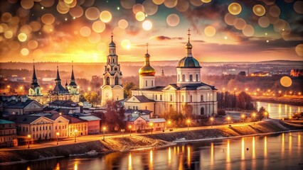 Fototapeta premium Sepia-toned Tomsk, Russia: Bokeh Cityscape with Labeled Landmarks
