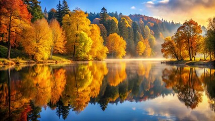 Serene Autumn Landscape: Golden Trees Reflecting in Calm Water