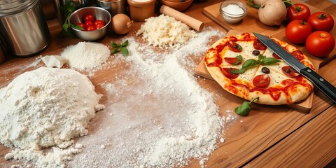 Fototapeta premium Pizza cutting board placed on a rustic wooden table with a knife, fresh ingredients, and a flour dusting, culinary, wooden table