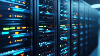 Naklejka premium Fully Operational Server Racks in a Big High-Tech Data Center Setup, Fully Operational Server Racks are big concept.