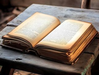 Obraz premium Open Antique Book Rests on Rustic Wooden Table, Showcasing Aged Pages and Binding