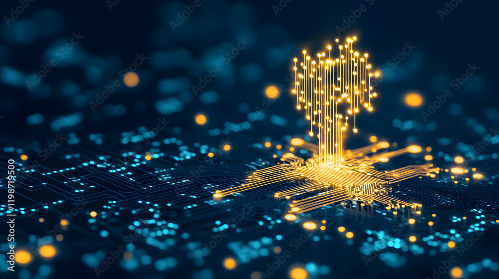 Poster digital tree formed by glowing circuits on a dark background, symbolizing technology and growth