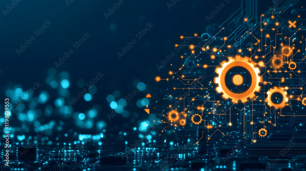 Poster digital technology design with gears, circuits, and glowing elements on a blue background