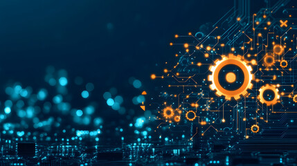 Obraz premium Digital technology design with gears, circuits, and glowing elements on a blue background