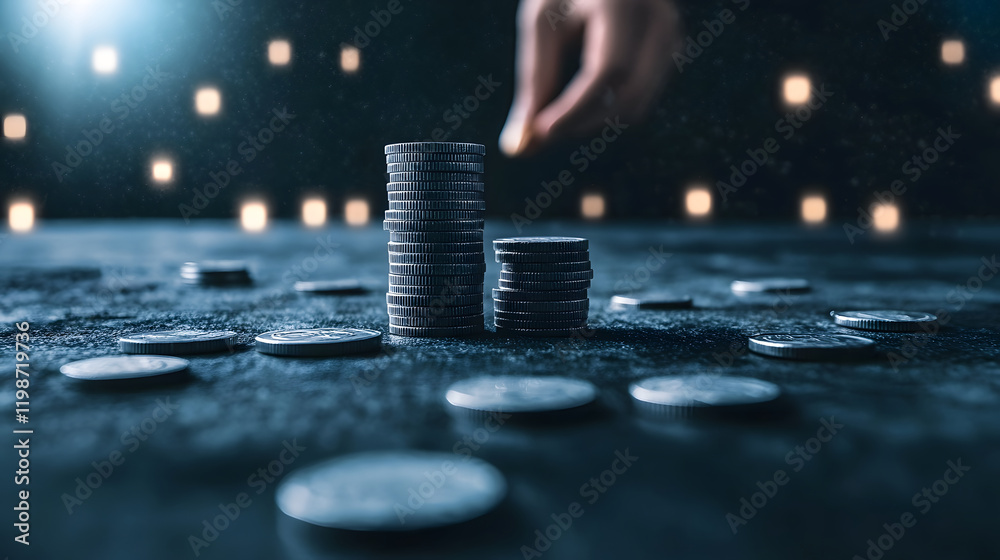 Poster Stacks of coins with a hand placing a chip in a moody, illuminated environment