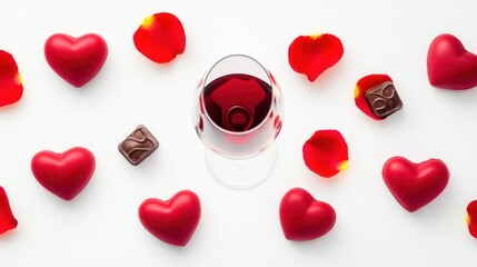 Romantic Valentine's Day wine, chocolate, hearts