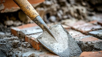 Close-Up of Trowel on Wet Cement and Bricks