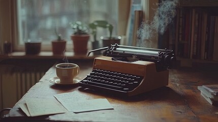 A vintage typewriter on a desk with handwritten notes and a steaming coffee cup, a nostalgic workspace