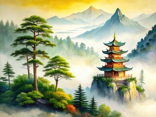 Obraz premium Misty Mountain Pagoda Ink Painting - Asian Art, Traditional Chinese Painting, Landscape, Pagoda, Pine Tree