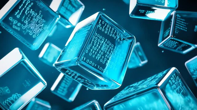 A series of floating, three-dimensional transparent glass cubes arranged in a dynamic layout, each covered with binary code