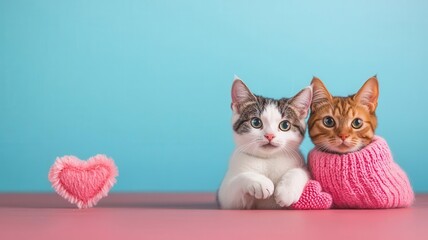A charming Valentine's postcard featuring a dog and a cat posing awkwardly for a photo