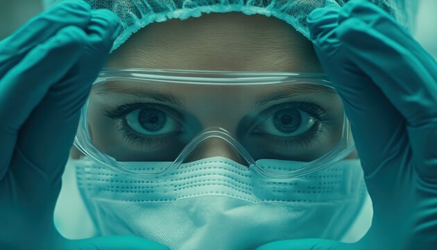 Scientist adjusting goggles, lab, research, focused eyes - Powered by Adobe