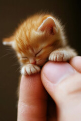 Adorable ginger kitten sleeping peacefully in a gentle hand