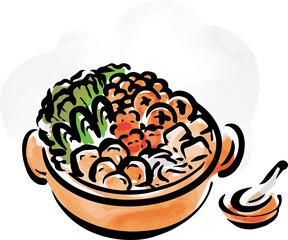 鍋　料理　日本食　墨絵　水墨画　水彩　手描き　イラスト素材