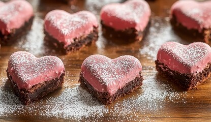 Heart Shaped Brownie Desserts with Pink Frosting and Powdered Sugar on Wooden Background