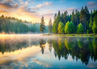 Fototapeta premium Serene Mist-Shrouded Forest Lake Reflection - Minimalist Nature Photography