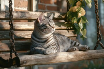 Obraz premium Photorealistic image of serene silver tabby cat on porch swing