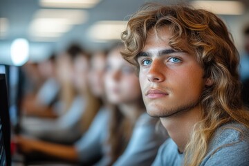 Young man with long hair focuses intently while learning in a modern classroom setting with other students