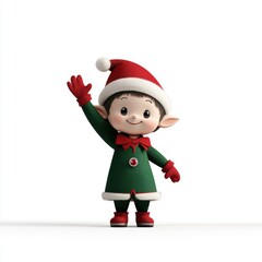 Cheerful Cartoon Elf Character in Green Outfit with Red Hat and Bright Smile Waving Hands