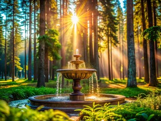 Serene Pine Forest Fountain: Bokeh Photography - Magical Water Feature in Lush Coniferous Woods