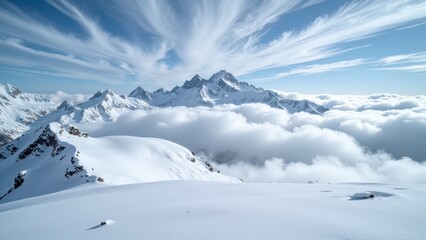Snow-draped mountains tower majestically above ethereal cloud layers, capturing an awe-inspiring slice of nature's grandeur at eye level