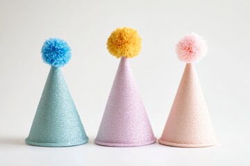 Three glittery party hats with pom-poms in pastel colors, perfect for birthdays and celebrations.