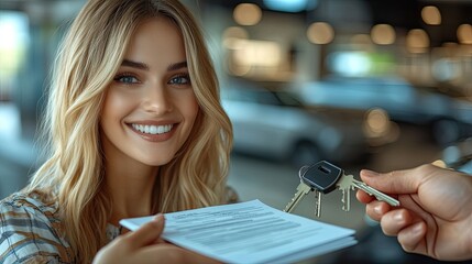 Smiling woman receiving car keys and paperwork in a modern dealership with vehicles in background